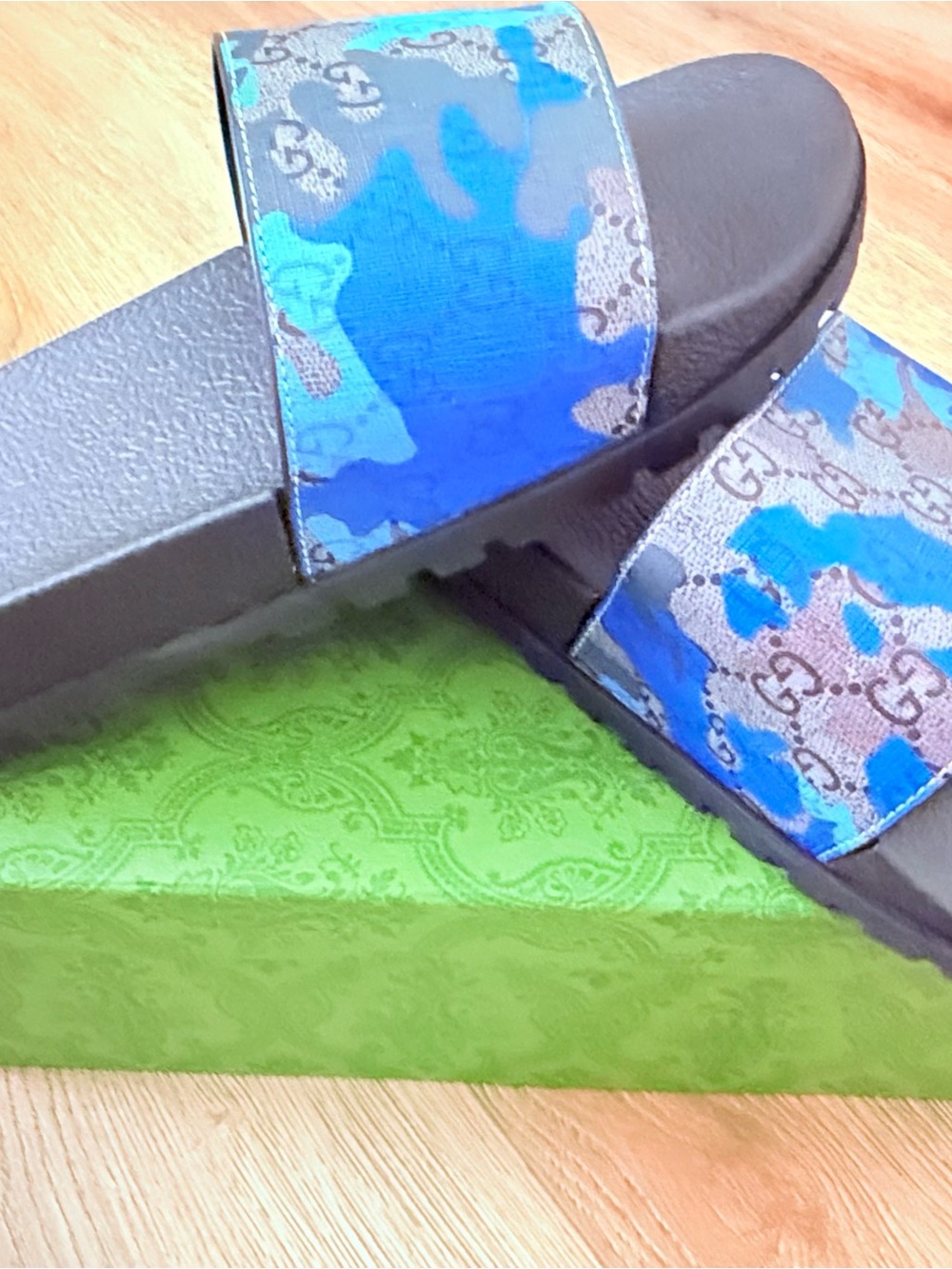 Gucci Blue Camo GG Slide Sandals